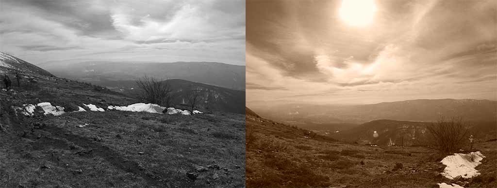 Black and White mode on the left (obviously) and Sepia right