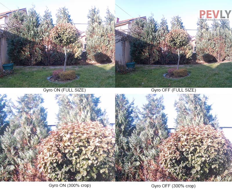 Gyro Stabilization decreases photo quality slightly and reduces field of view.