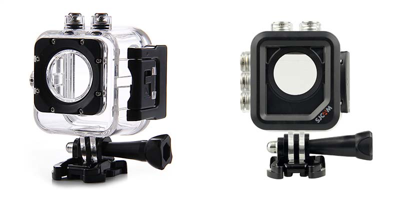 Old waterproof housing on the left, new one with three buttons on the side on the right hand side.
