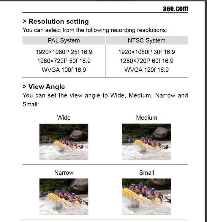 Resolutions and view angle (photo from official AEE MD10 manual)