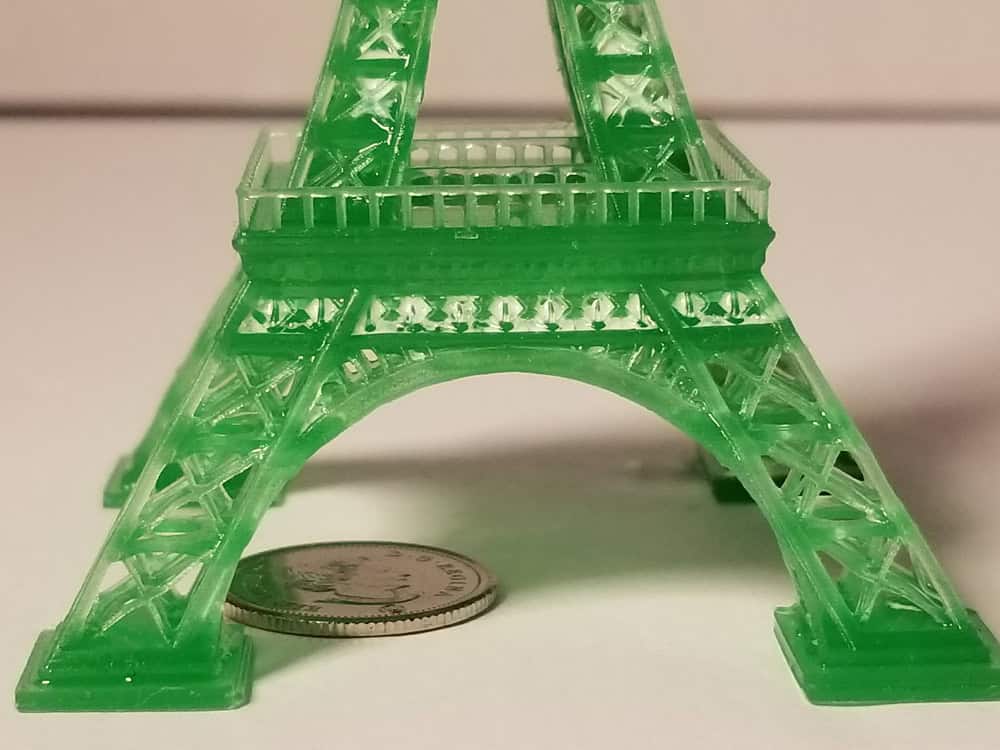 Photo of Eiffel Tower 3D printout with closeup of the bottom.
