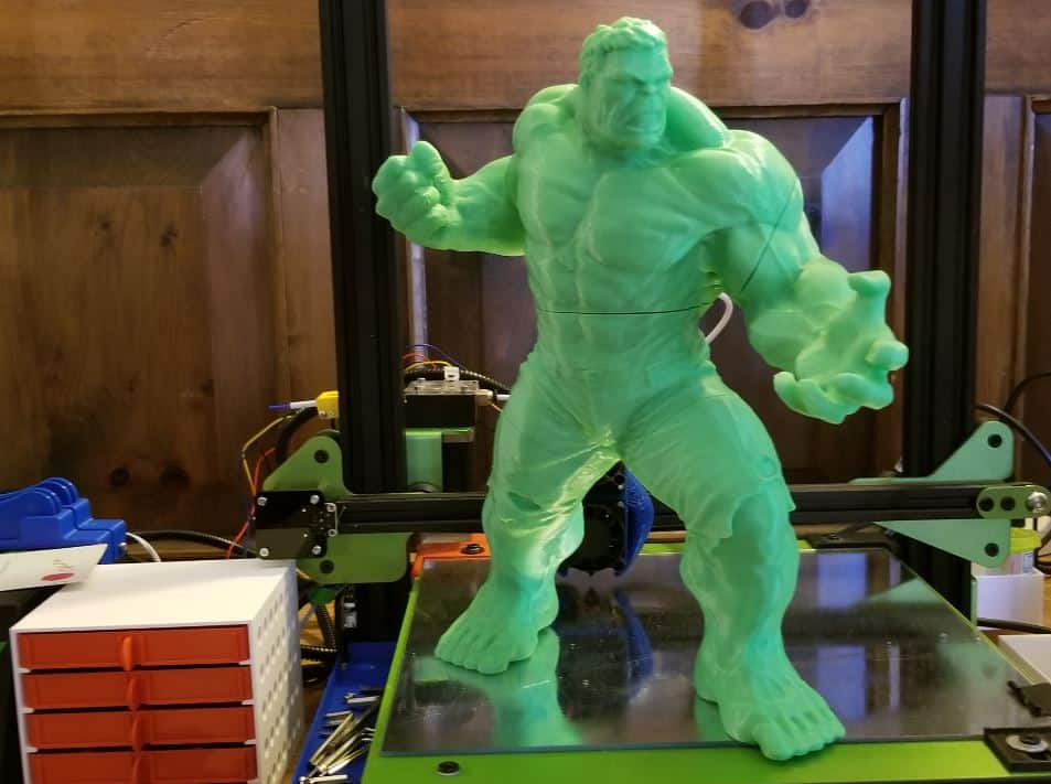 Photo of Hulk action figure printed on TEVA Michelangelo 3D printer with green filament.