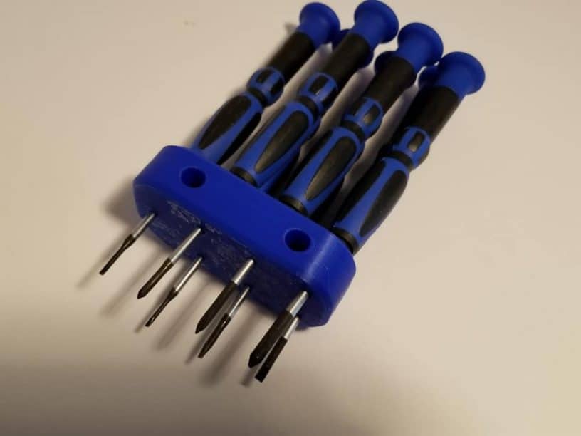 3D printout with blue set of jeweler screwdrivers.