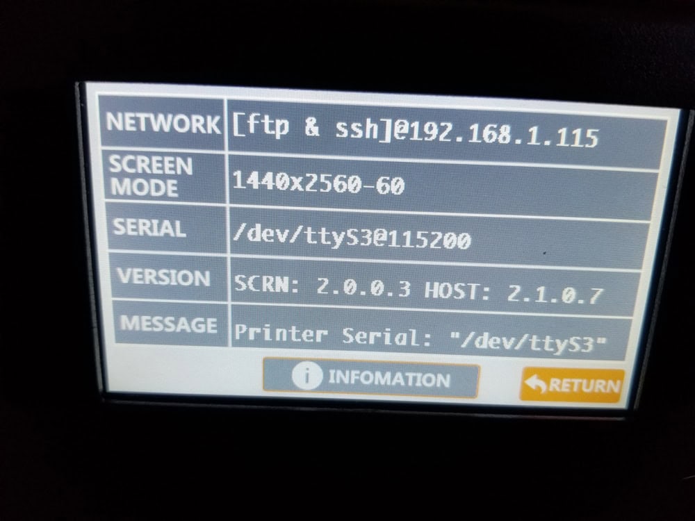 The i (info) option displays a screen with your IP address, screen mode, and more.