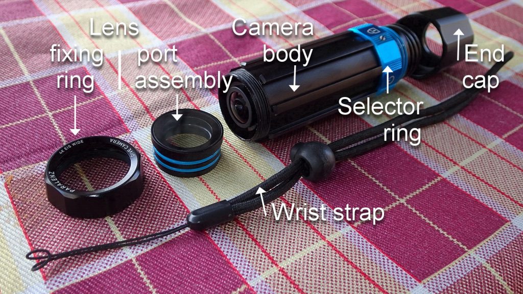 Photo of the Paralenz Dive Camera and its parts.