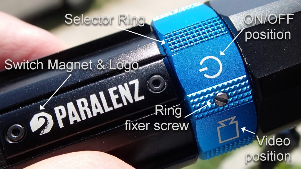 Photo of Paralenz Dive Cam with diagram and call outs: Video position, on/off, switch magnet and logo, ring fixer screw, selector ring.