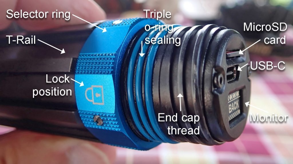 Diagram of the Paralenz Dive Cam's Selector ring, end cap, USB-C, monitor, and MicroSD card.